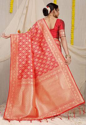 Red woven banarasi silk blend saree with blouse piece 2