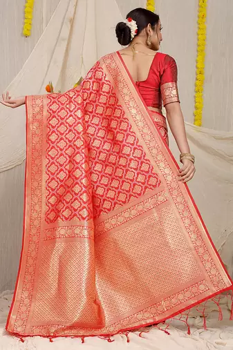 Red woven banarasi silk blend saree with blouse piece