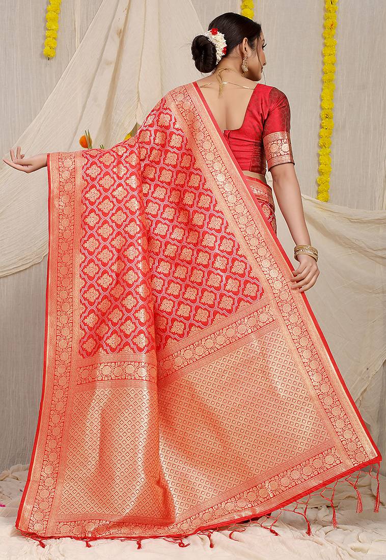 Red woven banarasi silk blend saree with blouse piece