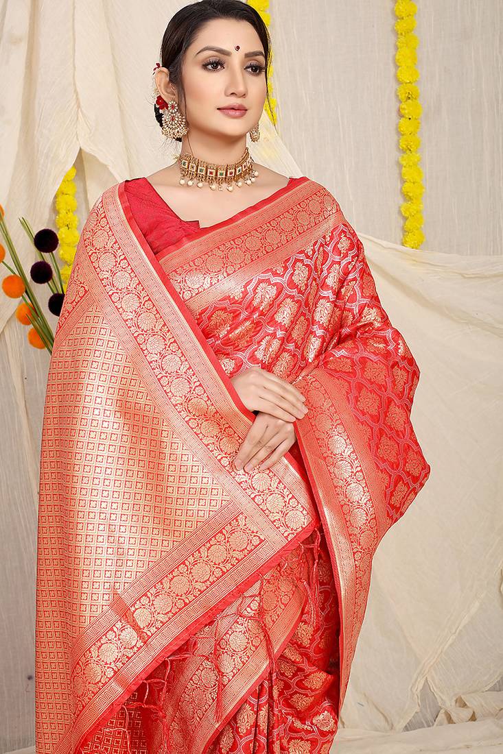 Red woven banarasi silk blend saree with blouse piece
