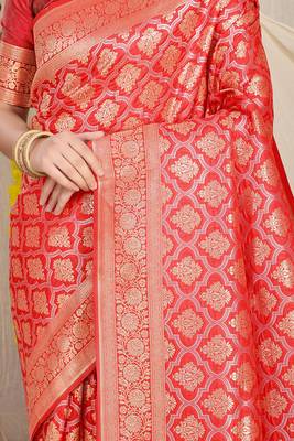 Red woven banarasi silk blend saree with blouse piece 4