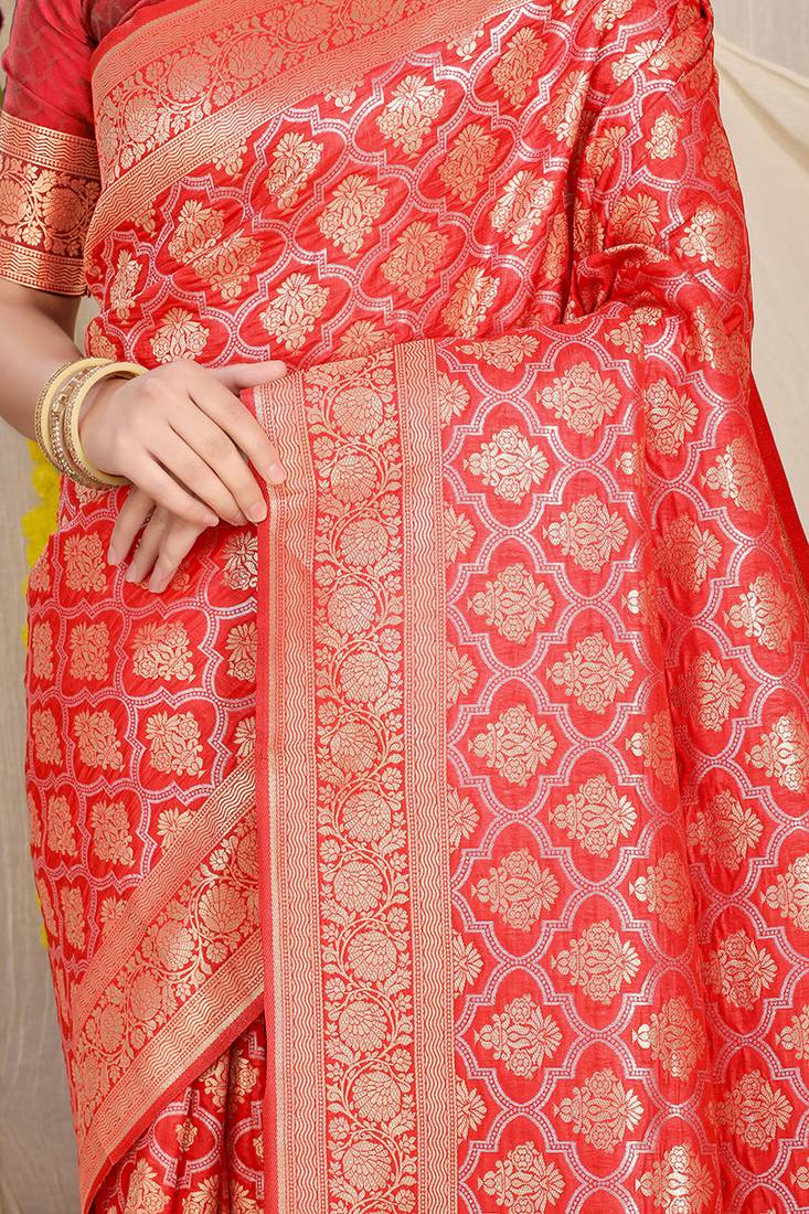 Red woven banarasi silk blend saree with blouse piece
