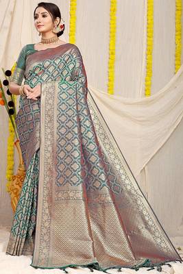 Teal green woven banarasi silk blend saree with blouse piece 1