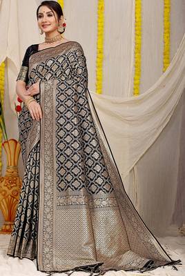 Black woven banarasi silk blend saree with blouse piece 1