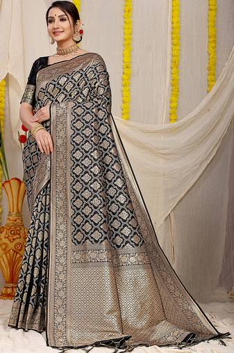 Black woven banarasi silk blend saree with blouse piece
