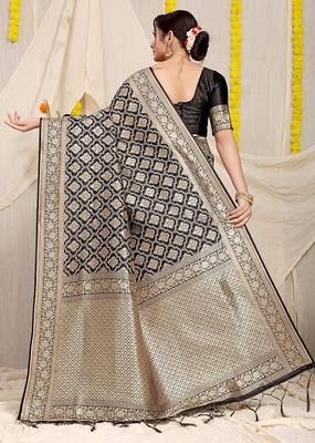 Black woven banarasi silk blend saree with blouse piece 2