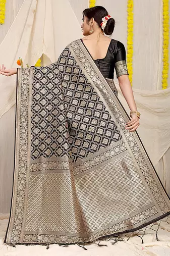 Black woven banarasi silk blend saree with blouse piece