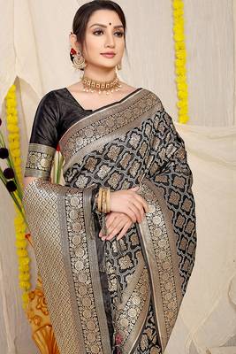 Black woven banarasi silk blend saree with blouse piece 3