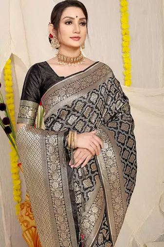 Black woven banarasi silk blend saree with blouse piece