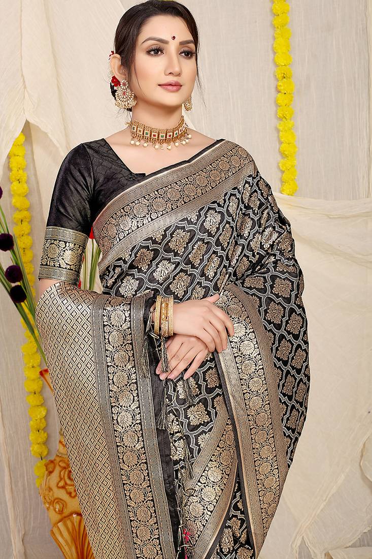 Black woven banarasi silk blend saree with blouse piece