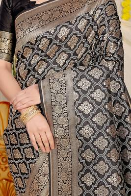 Black woven banarasi silk blend saree with blouse piece 4