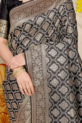 Black woven banarasi silk blend saree with blouse piece