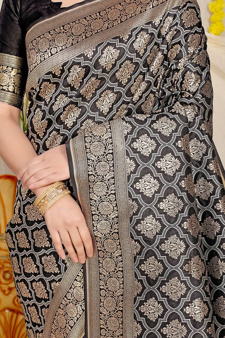 Black woven banarasi silk blend saree with blouse piece