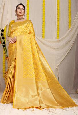 Yellow woven banarasi silk blend saree with blouse piece 1