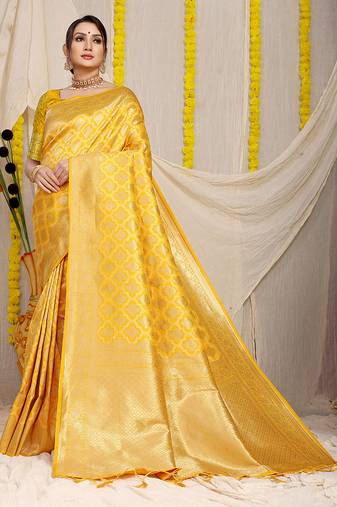 Yellow woven banarasi silk blend saree with blouse piece