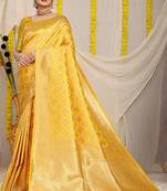 Yellow woven banarasi silk blend saree with blouse piece