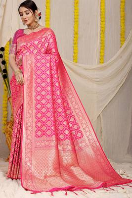 Rani pink woven banarasi silk blend saree with blouse piece 1