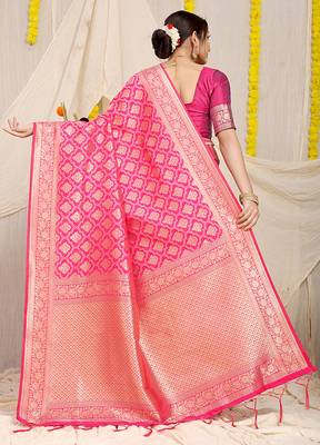Rani pink woven banarasi silk blend saree with blouse piece 2