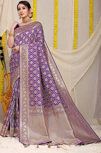 Purple woven banarasi silk blend saree with blouse piece