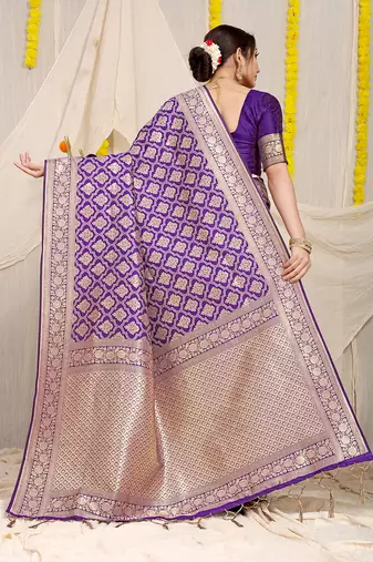 Purple woven banarasi silk blend saree with blouse piece