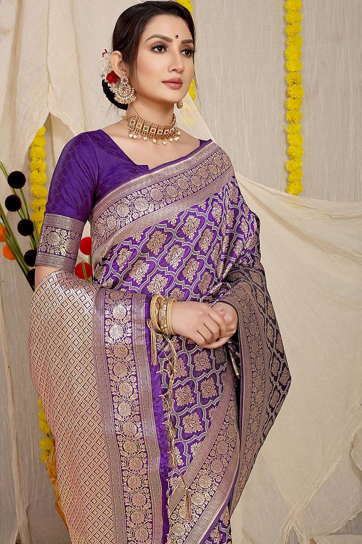 Purple woven banarasi silk blend saree with blouse piece