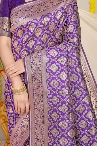 Purple woven banarasi silk blend saree with blouse piece