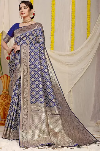 Navy blue woven banarasi silk blend saree with blouse piece