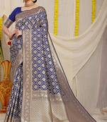 Navy blue woven banarasi silk blend saree with blouse piece