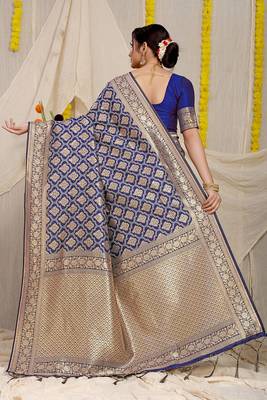 Navy blue woven banarasi silk blend saree with blouse piece 2