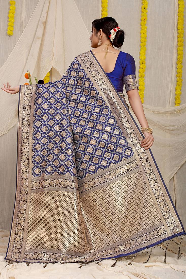 Navy blue woven banarasi silk blend saree with blouse piece