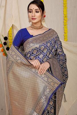 Navy blue woven banarasi silk blend saree with blouse piece 3