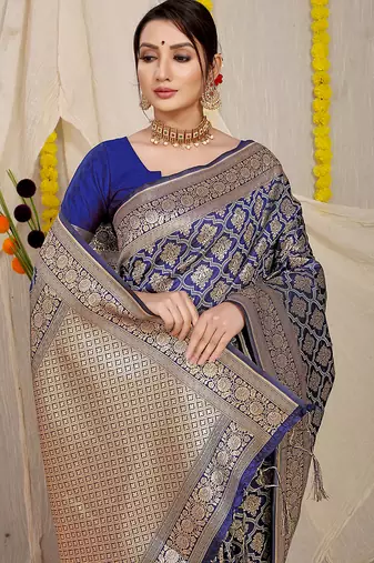 Navy blue woven banarasi silk blend saree with blouse piece