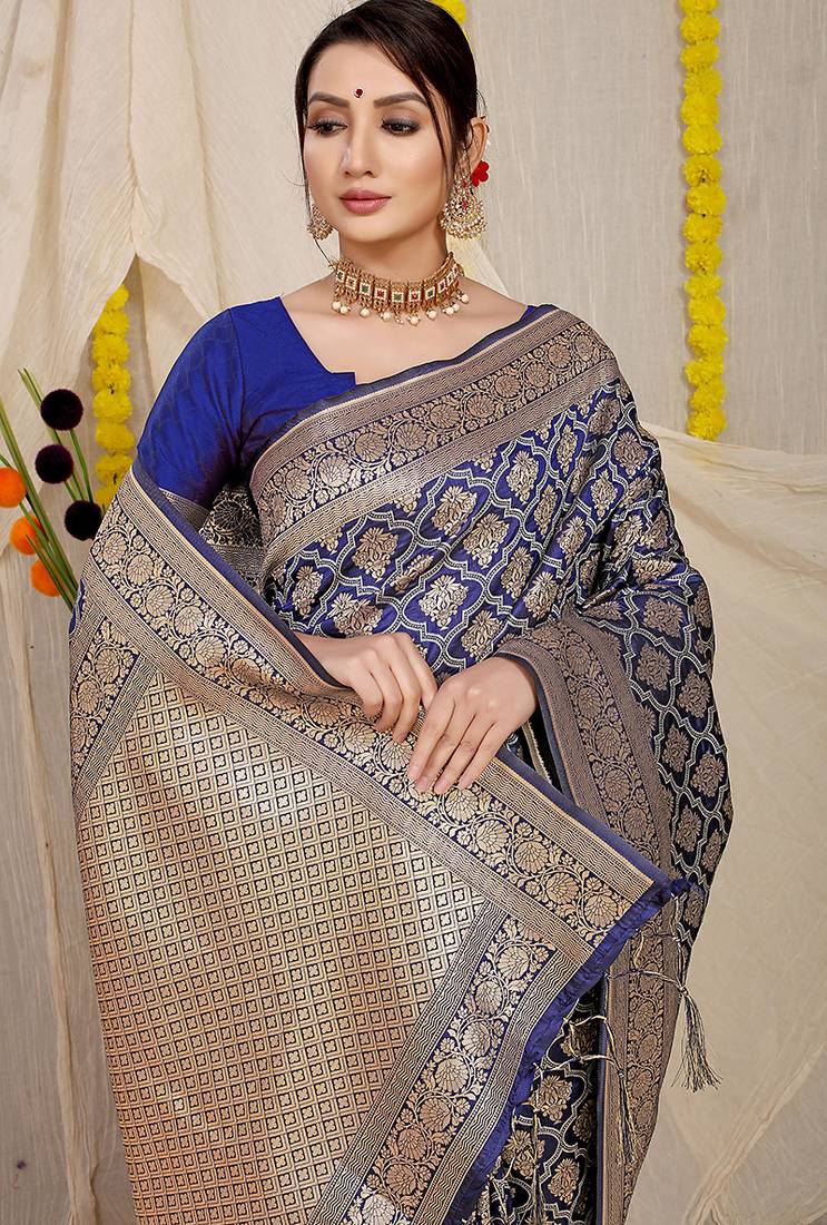 Navy blue woven banarasi silk blend saree with blouse piece