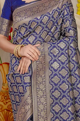 Navy blue woven banarasi silk blend saree with blouse piece