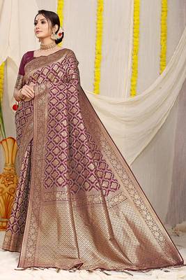 Wine woven banarasi silk blend saree with blouse piece 1
