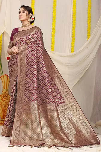 Wine woven banarasi silk blend saree with blouse piece