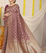 Wine woven banarasi silk blend saree with blouse piece