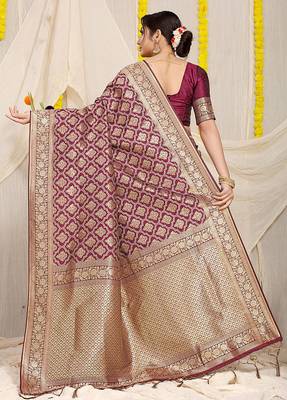 Wine woven banarasi silk blend saree with blouse piece 2