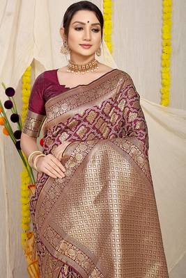 Wine woven banarasi silk blend saree with blouse piece 3