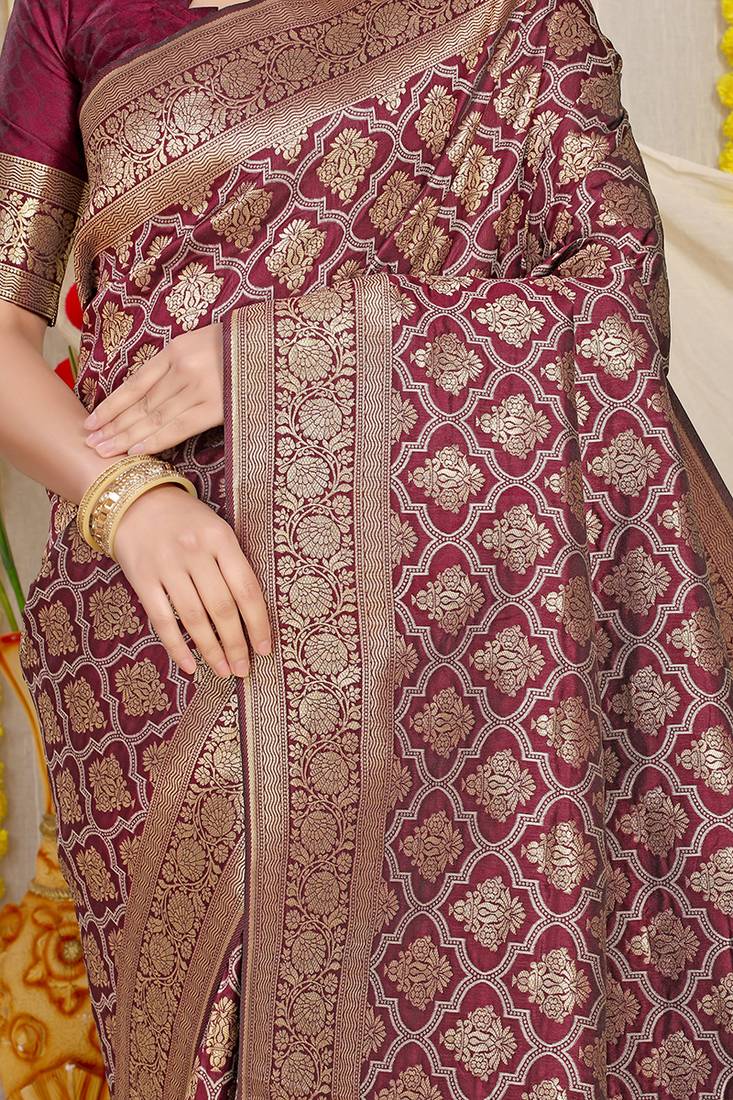 Wine woven banarasi silk blend saree with blouse piece