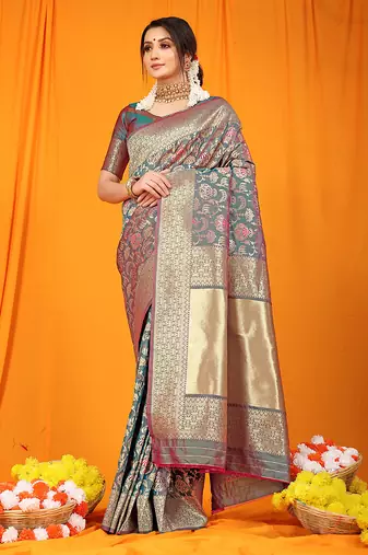 Teal banarasi silk blend saree with all-over floral jaal