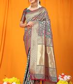 Teal banarasi silk blend saree with all-over floral jaal