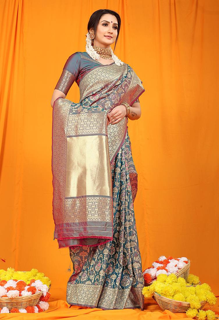 Teal banarasi silk blend saree with all-over floral jaal