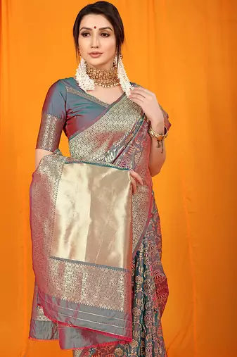 Teal banarasi silk blend saree with all-over floral jaal