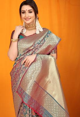 Teal banarasi silk blend saree with all-over floral jaal 4