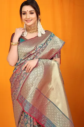 Teal banarasi silk blend saree with all-over floral jaal