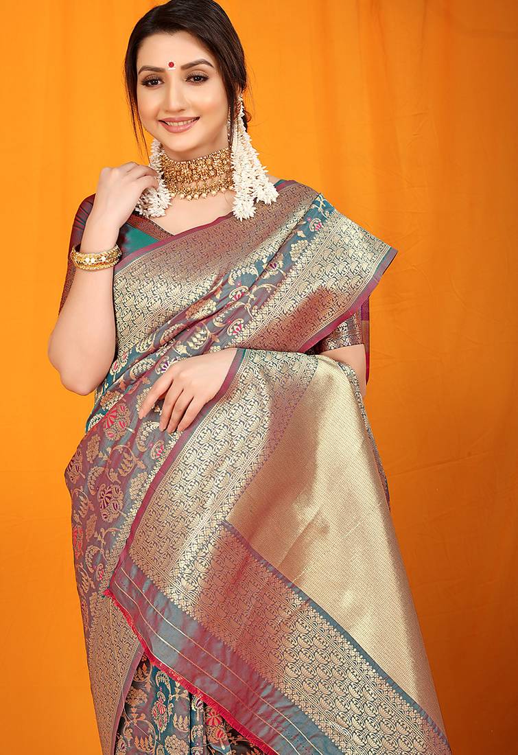 Teal banarasi silk blend saree with all-over floral jaal