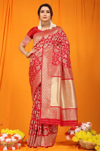 Red banarasi silk blend saree with all-over floral jaal