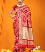 Red banarasi silk blend saree with all-over floral jaal