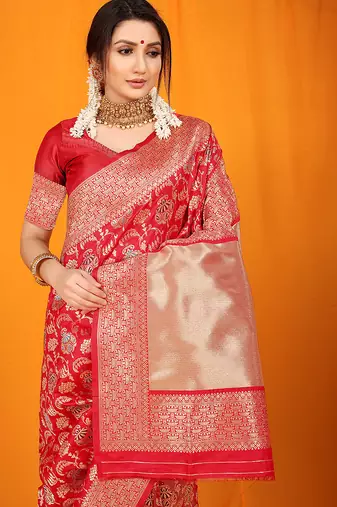 Red banarasi silk blend saree with all-over floral jaal